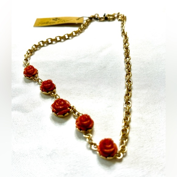 Necklace Gold-Tone Carved Rose Statement 17" + 3" extender Egyptian Gold, Pink - Picture 6 of 11